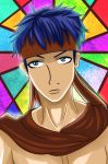  1boy angry blue_eyes blue_hair headband headset hirokimura ike_(fire_emblem) male_focus red_scarf scarf self_upload shirtless stained_glass 