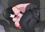  armchair bag black_eyes black_hair black_legwear bob_cut chair curled_up empty feet_out_of_frame from_above grey_skirt hair_over_eyes hammer_(sunset_beach) juliet_sleeves long_sleeves lying monogatari_(series) on_side oshino_ougi owarimonogatari panties panties_under_pantyhose pantyhose pantyshot parted_lips pink_shirt pleated_skirt puffy_sleeves school_uniform shirt skirt skirt_lift sleeves_past_fingers sleeves_past_wrists underwear white_panties 