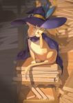  ;p absurdres animal blue_eyes book book_stack cape cat clothed_animal hat_feather hat_ornament highres jin_rou licking looking_at_viewer no_humans one_eye_closed original purple_cape purple_headwear scroll shadow shelf sunlight tail_ring tongue tongue_out whiskers 