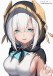  1girl :d ars_almal ascot bangs black_cape blue_eyes blue_neckwear breasts cape collared_shirt commentary_request dated eyebrows_visible_through_hair grey_background grey_hair hair_between_eyes hand_up highres hirota_fruit hood hood_up hooded_cape looking_at_viewer medium_breasts nijisanji open_mouth shirt short_hair sideboob signature simple_background sleeveless sleeveless_shirt smile solo twitter_username upper_body virtual_youtuber white_shirt 