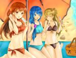  3girls absurdres beach beach_umbrella bikini blonde_hair blue_eyes blue_hair breasts food highres long_hair medium_breasts mosta_(lo1777789) multiple_girls navel orange_eyes orange_hair original picnic_basket popsicle side_ponytail straight_hair swimsuit umbrella yellow_eyes 