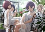  4girls arms_up asakura_tooru bare_shoulders black_hair blonde_hair blue_hair brown_eyes card chair closed_eyes collarbone crossed_legs dress flower fukumaru_koito gradient_hair green_eyes hair_between_eyes highres higuchi_madoka ichikawa_hinana idolmaster idolmaster_shiny_colors mason_jar multicolored_hair multiple_girls open_mouth purple_hair redhead see-through sitting sonsoso wavy_mouth white_dress 