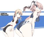  2girls :d aqua_eyes ass bikini black_bikini blonde_hair blue_eyes breasts brown_hair character_name clothes_writing cowboy_shot eyebrows_visible_through_hair hair_between_eyes kantai_collection large_breasts long_hair low_twintails multiple_girls open_mouth prinz_eugen_(kantai_collection) saratoga_(kantai_collection) side_ponytail smile souji sports_bikini sportswear swimsuit twintails 