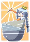  1girl absurdres blue_eyes blush_stickers bowl bowl_stack braid chopsticks commentary crown elbow_gloves emphasis_lines fingerless_gloves gloves grey_hair hair_tubes highres holding holding_chopsticks kizuna_akari konohoshi long_hair looking_at_viewer minigirl orange_gloves outstretched_arm solo sparkle striped striped_gloves sunburst sunburst_background twin_braids v-shaped_eyebrows very_long_hair voiceroid 