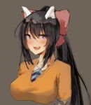  1girl :d animal_ears black_hair blue_neckwear blush bow breasts brown_background cat_ears copyright_request dot_nose fang hair_between_eyes hair_bow large_breasts long_hair looking_at_viewer necktie noccu open_mouth ponytail red_bow simple_background smile solo sweater upper_body violet_eyes yellow_sweater 