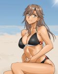  1girl alternate_breast_size arashio_(kantai_collection) beach bikini black_bikini breasts brown_eyes brown_hair commentary_request feet_out_of_frame highres kantai_collection long_hair looking_at_viewer medium_breasts o-ring o-ring_bikini o-ring_bottom o-ring_top sitting smile solo sozan swimsuit tan 