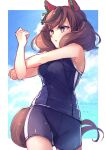  1girl animal_ears bare_arms bare_shoulders black_hair blue_sky blue_swimsuit brown_eyes brown_hair clouds cloudy_sky day horse_ears horse_girl horse_tail looking_away multicolored_hair nice_nature_(umamusume) one-piece_swimsuit ouri_(aya_pine) parted_lips sky solo standing streaked_hair swimsuit tail translation_request twintails umamusume 