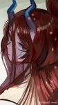 1girl bare_shoulders brown_eyes brown_hair chocojax closed_mouth facial_mark fate/grand_order fate/requiem fate_(series) highres horns kijo_kouyou_(fate) long_hair looking_at_viewer looking_back ponytail red_lips slit_pupils 