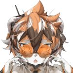 1girl animal_ears arknights artist_name china_dress chinese_clothes claws dress furry gie glasses multicolored_hair nail_polish open_mouth orange_eyes round_eyewear snout streaked_hair tiger_ears tiger_girl tiger_stripes waai_fu_(arknights) white_fur 