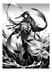  1girl bangs blunt_bangs closed_mouth fan floating_hair full_body glass_(tate_no_yuusha_no_nariagari) greyscale highres holding holding_fan japanese_clothes kimono long_hair long_sleeves looking_at_viewer minami_seira monochrome novel_illustration official_art solo tate_no_yuusha_no_nariagari very_long_hair wide_sleeves 