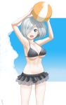  1girl absurdres arms_up bikini bikini_skirt black_bikini blue_eyes breasts commentary_request cowboy_shot hair_ornament hair_over_one_eye hairclip hamakaze_(kantai_collection) highres kantai_collection large_breasts looking_at_viewer short_hair silver_hair smile solo swimsuit t2r 
