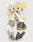  1boy 1girl back-to-back bangs belt black_collar black_shorts black_sleeves blonde_hair blue_eyes bow collar commentary crop_top derivative_work detached_sleeves full_body grey_background grey_collar grey_shorts grey_sleeves hair_bow hair_ornament hairclip headphones heel_up highres kagamine_len kagamine_rin leg_warmers locked_arms looking_at_viewer midriff nail_polish najo neckerchief necktie open_mouth sailor_collar school_uniform shirt short_hair short_ponytail short_shorts short_sleeves shorts simple_background smile spiky_hair standing star swept_bangs vocaloid vocaloid_boxart_pose white_bow white_footwear white_shirt yellow_nails yellow_neckwear 
