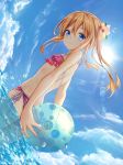  1girl ass back ball beachball bikini blonde_hair blue_eyes day flat_chest flower hair_flower hair_ornament highres holding holding_ball long_hair looking_at_viewer mosta_(lo1777789) ocean original smile solo sunlight swimsuit water 