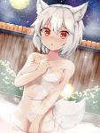  1girl :o animal_ears bare_shoulders blush breasts collarbone inubashiri_momiji looking_at_viewer medium_breasts moon naked_towel night night_sky onsen outdoors red_eyes rururiaru short_hair sky solo tail touhou towel white_hair wolf_ears wolf_tail 