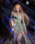  1girl abstract_background absurdres armband blonde_hair closed_mouth dress elf feet_out_of_frame flower gold_necklace green_eyes highres holding holding_weapon huge_filesize jewelry long_hair looking_at_viewer marthhh master_sword multicolored multicolored_background necklace pointy_ears princess_zelda signature solo sparkle sparks sword the_legend_of_zelda the_legend_of_zelda:_breath_of_the_wild weapon white_dress 