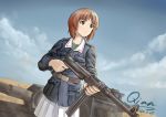  1girl artist_name bangs belt belt_buckle buckle closed_mouth clouds eyebrows_visible_through_hair field girls_und_panzer ground_vehicle gun long_sleeves military military_vehicle motor_vehicle mp40 nishizumi_miho ooarai_military_uniform orange_hair panzerkampfwagen_iv pocket qian short_hair skirt sky solo standing submachine_gun tank weapon white_skirt yellow_eyes 