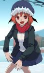  1girl :d alternate_hair_length alternate_hairstyle bat_wings blurry bright_pupils coat commentary_request depth_of_field fangs futatsuki_eru hair_between_eyes head_wings koakuma lake leaning_forward long_sleeves open_mouth outdoors red_eyes red_neckwear red_scarf redhead scarf scarlet_devil_mansion short_hair skirt sky smile snow solo touhou white_pupils wings winter_clothes 