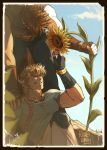  2boys bangs bara bare_shoulders belt blonde_hair blue_eyes bracelet brown_hair caesar_anthonio_zeppeli catneylang chest clouds cloudy_sky covered_abs day facial_mark feathers fingerless_gloves flower gloves gradient_hair green_eyes hair_between_eyes hair_feathers hand_on_another&#039;s_shoulder headband highres holding holding_flower jewelry jojo_no_kimyou_na_bouken joseph_joestar_(young) light looking_at_viewer male_focus medium_hair multicolored_hair multiple_boys muscle outdoors pants pectorals plant scarf shirt short_sleeves sitting sky sleeveless smile standing sunflower upper_body yaoi 