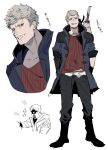  1boy blood blue_coat blue_eyes boots coat devil_may_cry devil_may_cry_5 grey_hair hands_in_pockets highres hood hood_down male_focus mayutsuba_mono mechanical_arm multiple_views nero_(devil_may_cry) open_mouth simple_background sketch sleeves_rolled_up smile solo standing sword teeth torn_clothes weapon weapon_on_back white_background 