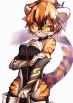  absurdres animal_ears arknights bangs breasts bridal_gauntlets china_dress chinese_clothes dress furry glasses highres multicolored_hair pelvic_curtain round_eyewear simple_background streaked_hair tab_head tail tiger_ears tiger_girl tiger_stripes tiger_tail waai_fu_(arknights) 