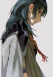  1girl blue_eyes blue_hair byleth_(fire_emblem) byleth_eisner_(female) closed_mouth fire_emblem fire_emblem:_three_houses from_side grey_background looking_to_the_side pumpkin-crazy simple_background solo upper_body 