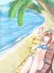  1girl arm_up armpits beach beach_chair bikini blue_bikini breasts brown_hair day drink drinking flower hair_flower hair_ornament long_hair looking_at_viewer medium_breasts mosta_(lo1777789) navel original palm_tree solo swimsuit tree violet_eyes 