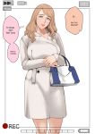  1girl bag bangs blonde_hair blue_eyes breasts coat earrings english_commentary english_text handbag hands_together highres jewelry large_breasts long_hair mature mole mole_under_mouth original parted_lips recording ring standing swept_bangs thejnsdh viewfinder white_coat 