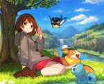  1girl arm_support blush boots brown_eyes brown_footwear brown_hair cardigan chorefuji clouds commentary_request day dress ears eyebrows_visible_through_hair gen_8_pokemon grass green_headwear green_legwear grey_cardigan lake light_smile looking_at_viewer looking_to_the_side medium_hair outdoors pink_dress pokemon pokemon_(creature) pokemon_(game) pokemon_swsh rookidee shadow sitting sky sobble socks starter_pokemon tam_o&#039;_shanter tree water waterfall yamper yuuri_(pokemon) 