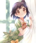  1girl :t bangs black_hair blush bow brown_eyes closed_mouth collared_dress commentary_request curtains dress eyebrows_visible_through_hair green_bow green_dress hair_bow hair_bun hands_up highres idolmaster idolmaster_million_live! idolmaster_million_live!_theater_days nakatani_iku pout puffy_short_sleeves puffy_sleeves short_sleeves side_bun solo toma_(shinozaki) transparent v-shaped_eyebrows window wrist_cuffs yellow_bow 