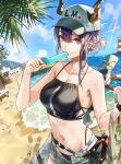  2girls arknights bag bare_arms bare_shoulders baseball_cap beach belt bikini black_bikini breasts caustics ch&#039;en_(arknights) chair clouds collarbone day denim denim_shorts dragon_horns food footprints grey_shorts groin hand_up handbag hat holding horns horns_through_headwear hoshiguma_(arknights) kim_eb lens_flare lifebuoy lighthouse looking_at_viewer lounge_chair medium_breasts midriff multiple_girls navel open_fly outdoors palm_tree pier popsicle red_eyes sand shopping_bag short_hair short_shorts shorts solo_focus stomach sunlight swimsuit tree watch watch water 