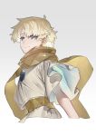  1boy azarashi_ball baggy_clothes bangs blonde_hair blue_eyes blush bright_pupils eyebrows_visible_through_hair fate/grand_order fate_(series) glowing gradient gradient_background highres looking_at_viewer looking_back male_focus open_mouth parted_bangs robe scarf short_sleeves simple_background sky smile solo sparkle upper_body voyager_(fate/requiem) yellow_scarf 