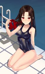  1girl absurdres alternate_costume arm_behind_back bangs bare_arms bare_legs bare_shoulders barefoot black_hair black_swimsuit breasts collarbone competition_school_swimsuit from_above gradient_hair hair_down highres huskk kaguya-sama_wa_kokurasetai_~tensai-tachi_no_renai_zunousen~ long_hair looking_at_viewer looking_up multicolored_hair on_floor parted_bangs pool pool_ladder poolside red_eyes red_ribbon redhead ribbon ribbon_removed school_swimsuit shinomiya_kaguya sitting small_breasts smile solo swimsuit tile_floor tiles wariza 