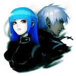  1boy 1girl absurdres bangs blue_hair bodysuit breasts cross cross_necklace dark_skin highres jewelry k&#039; kula_diamond long_hair looking_at_viewer medium_breasts necklace simple_background the_king_of_fighters violet_eyes white_background white_hair 