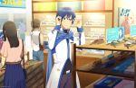  1boy adjusting_eyewear bag belt black_hair black_shirt blue_eyes blue_hair blue_nails blue_scarf blue_skirt coat commentary glasses handbag hands_up kaito kaito_(vocaloid3) light_blush nokuhashi pants pink_shirt scarf shirt shop shopping skirt sweat vocaloid white_coat 