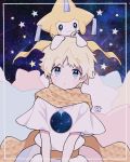  1boy 1other baggy_clothes bangs blonde_hair blue_eyes blush bright_pupils character_request creature eyebrows_visible_through_hair fate/grand_order fate_(series) full_body glowing highres male_focus namigon open_mouth parted_bangs pokemon robe scarf short_sleeves simple_background sky smile space star star_(sky) starry_background starry_sky voyager_(fate/requiem) yellow_scarf 