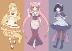  3girls :d absurdres aino_minako alternate_costume apron arms_behind_head bangs bishoujo_senshi_sailor_moon black_hair black_lady blonde_hair blue_eyes blunt_bangs boots bow chibi_usa closed_mouth collar cup detached_collar detached_sleeves english_commentary full_body hands_on_hips happy highres holding holding_cup long_hair looking_at_viewer maid multiple_girls open_mouth pink_eyes pink_hair puffy_detached_sleeves puffy_sleeves sailor_saturn sailor_venus short_hair short_sleeves simple_background smile standing standing_on_one_leg tomoe_hotaru twintails v-shaped_eyebrows very_long_hair violet_eyes waist_apron white_apron yaya_chan 