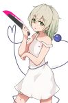  1girl alternate_costume artist_name bangs blood blood_on_face bloody_knife cowboy_shot dress eyebrows_visible_through_hair green_eyes green_hair hair_between_eyes heart heart_of_string highres holding holding_knife knife komeiji_koishi long_hair looking_at_viewer parted_lips senzaicha_kasukadoki simple_background sleeveless sleeveless_dress smile solo strap_slip third_eye touhou white_background white_dress 