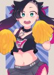  black_hair cheerleader choker earrings green_eyes hair_ribbon highres ino_(tellu0120) jewelry looking_at_viewer mary_(pokemon) midriff navel open_mouth pokemon pom_poms ribbon skirt sweat twintails 