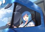  1girl blue_hair breasts clouds cloudy_sky collarbone ears_visible_through_hair eyebrows_visible_through_hair fang ground_vehicle lights long_hair looking_at_viewer marugoshi_(54burger) moira_(nijisanji) nijisanji open_mouth rear-view_mirror seatbelt shadow shirt short_sleeves sitting sky solo steering_wheel yellow_eyes 