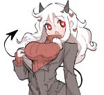  1girl arm_at_side black_horns black_jacket black_suit black_tail blush breasts business_suit curly_hair demon_girl demon_horns demon_tail formal full-face_blush heart heart-shaped_pupils helltaker highres horns jacket large_breasts long_sleeves looking_at_viewer lyrinne medium_hair modeus_(helltaker) open_clothes open_jacket open_mouth red_eyes red_sweater ribbed_shirt shirt short_hair simple_background sleeves_past_wrists solo standing suit sweater symbol-shaped_pupils tail turtleneck undressing upper_body white_background white_hair 