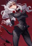  1girl alcohol bangs black_neckwear black_suit blunt_bangs blush breasts closed_mouth cluseller crown cup demon_girl demon_horns demon_tail drinking_glass formal gloves grin helltaker highres horns large_breasts long_hair long_sleeves looking_at_viewer lucifer_(helltaker) mole mole_under_eye necktie pointy_ears red_eyes red_shirt shirt smile solo spilling suit tail tsurime upper_body white_gloves white_hair wine wine_glass 