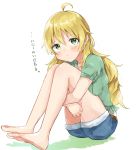  1girl bare_legs barefoot blonde_hair blue_shorts blush commentary_request curly_hair full_body green_eyes green_shirt hair_between_eyes hoshii_miki idolmaster idolmaster_(classic) idolmaster_million_live! idolmaster_million_live!_theater_days imas_ll knees_together_feet_apart knees_up leg_hug legs long_hair looking_at_viewer no_shoes pout shirt short_shorts shorts simple_background sitting solo tears translation_request very_long_hair white_background 