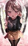  1girl bag bangs belt black_legwear black_shirt blurry blurry_background blush breasts brown_hair cherry_blossoms chigusa_minori collarbone commentary_request depth_of_field eyebrows_visible_through_hair hair_between_eyes hair_ornament hairclip holding jewelry long_hair long_sleeves looking_at_viewer medium_breasts nail_polish off_shoulder open_mouth original outdoors red_nails shirt skirt solo x_hair_ornament 