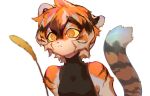  1girl absurdres ami_(34849422) animal_ears arknights cat_teaser china_dress chinese_clothes dress highres multicolored_hair orange_eyes orange_fur orange_hair sleeveless snout streaked_hair tail tiger_ears tiger_girl tiger_stripes tiger_tail waai_fu_(arknights) white_background white_fur white_hair yellow_sclera 