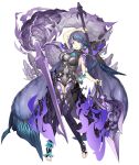  1girl :d absurdly_long_hair anklet bare_shoulders breasts covered_navel earrings empty_eyes eyebrows_visible_through_hair fingernails fins full_body half-nightmare jewelry ji_no large_breasts long_hair looking_at_viewer ningyo_hime_(sinoalice) official_art open_mouth pale_skin polearm purple_hair sharp_fingernails sinoalice smile smoke solo spear tattoo toeless_legwear transparent_background very_long_hair violet_eyes weapon 