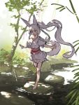  1girl :d animal_ear_fluff animal_ears bangs barefoot day flower fox_ears fox_girl fox_tail full_body grey_hair highres japanese_clothes kimono long_hair looking_away obi open_mouth original outdoors outstretched_arms pink_flower ponytail red_flower river sash short_sleeves smile solo standing standing_on_one_leg tail tree very_long_hair water white_kimono wide_sleeves yellow_flower yuuji_(yukimimi) 