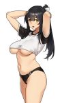  1girl arms_behind_head arms_up bangs black_hair blush breasts elf elf_(houtengeki) houtengeki large_breasts long_hair looking_at_viewer navel open_mouth original pointy_ears ponytail short_sleeves sidelocks simple_background solo thighs under_boob white_background yellow_eyes 