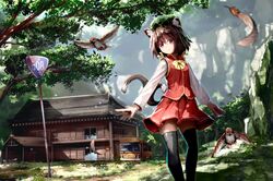  1girl animal_ears bird black_legwear bow bowtie brown_hair building bus cabin cat_ears cat_tail chen chinese_clothes dappled_sunlight day feathers grass green_headwear ground_vehicle hat house long_sleeves looking_at_viewer mob_cap motor_vehicle multiple_tails outdoors pleated_skirt red_eyes red_skirt red_vest road_sign rock ryosios shirt short_hair sign skirt skirt_set smile solo sunlight tail thigh-highs touhou tree two_tails vest walking white_shirt window wooden_house yellow_neckwear zettai_ryouiki 