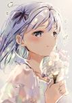  1girl birthday blush bouquet commentary_request eyebrows_visible_through_hair flower hair_ribbon heart holding holding_flower jewelry long_hair natsume_eri original purple_hair ribbon smile solo striped upper_body violet_eyes water_drop white_flower 