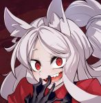  1girl animal_ears black_gloves black_suit breasts cerberus_(helltaker) cluseller demon_girl dog_ears dog_girl eyebrows_visible_through_hair fangs gloves helltaker long_hair low-tied_long_hair medium_breasts necktie open_mouth red_eyes solo tied_hair white_hair 